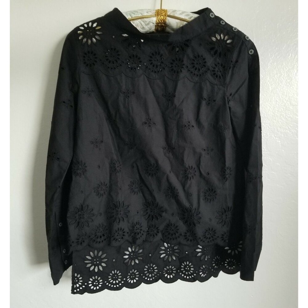 J. Crew Womnes Size 2 Funnel Neck Eyelet Top Blouse Shoulder Button Black Casual